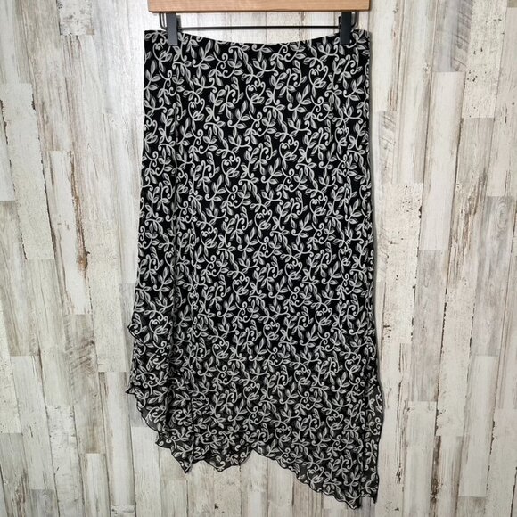 American Vintage Dresses & Skirts - Vintage 90s Floral Black Cream Asymmetrical Midi Skirt Womens Size 8/Medium‎